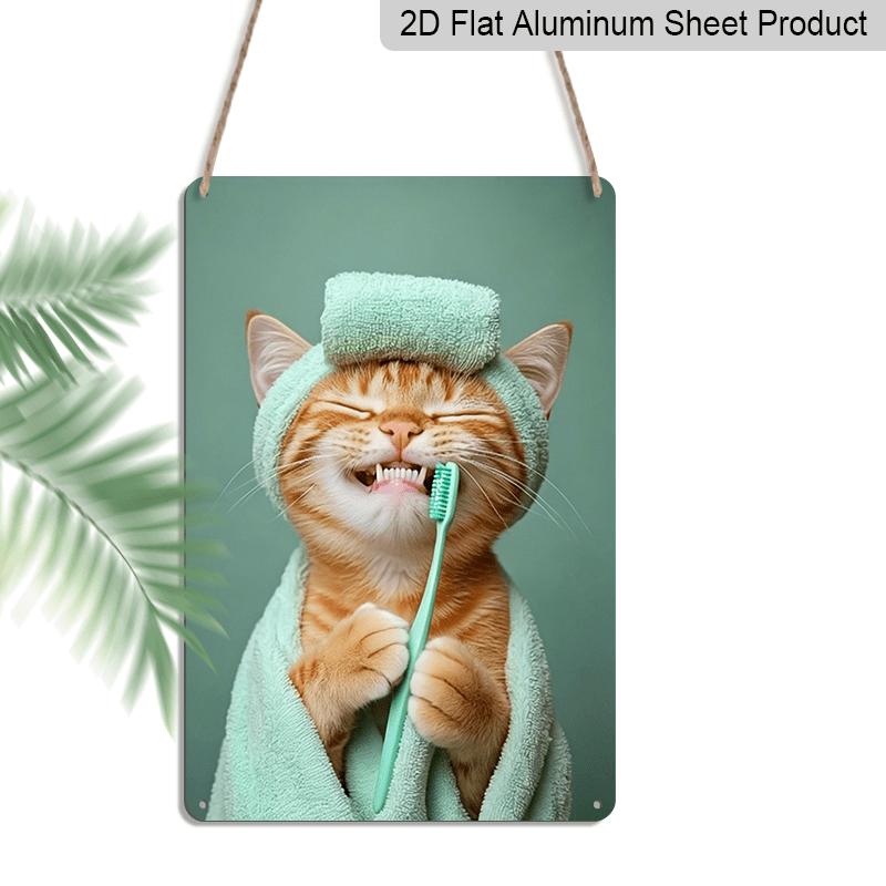 2D Flat Orange Tabby Cat Brushing Teeth Metal Sign - Funny Bathroom Wall Decor Durable Aluminum Material Bathroom & Powder Room Wall, Kids' Bathroom