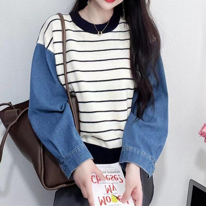 Fashion Versatile Crew Neck Striped Denim Sleeve Splicing Knitted Sweater Women's Autumn and Winter New Loose Outer Top