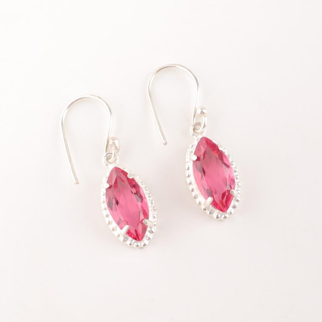 Natural Pink Tourmaline Gemstone 925 Sterling Silver Handmade Earrings 1.4" EE-169-9