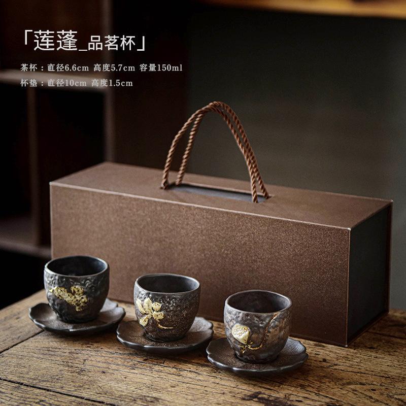 Gilt Small Teacup Ceramic Tea Set Coaster Single Cup Tasting Cup Tea Brewing Cup Gift Box Set for Gifting  200ml