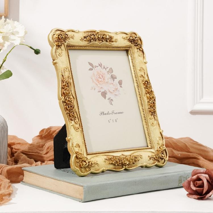 Antique Resin Wall Art Tabletop Golden Photo Frame Intricate Florals Embossed Picture Frame with Glass Front Home Decors