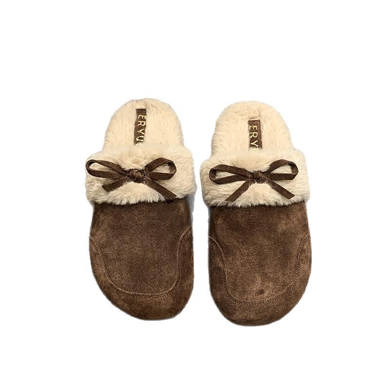 One-pedal bag head fluffy half slippers women's autumn and winter velvet outer wear 2025 new retro thermal cotton slippers