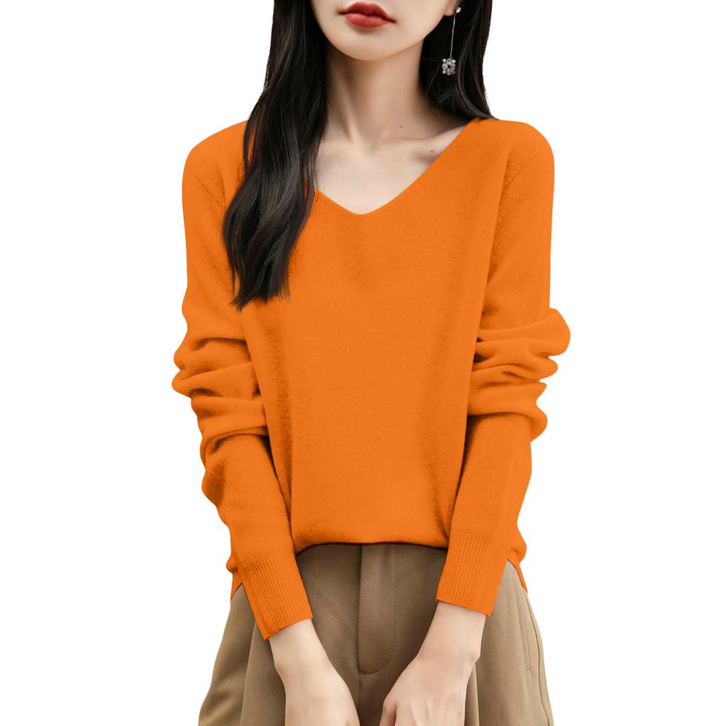 Women's Fashion Flat-Knit V-Neck Pullover Sweater Solid Color Long-Sleeve Top