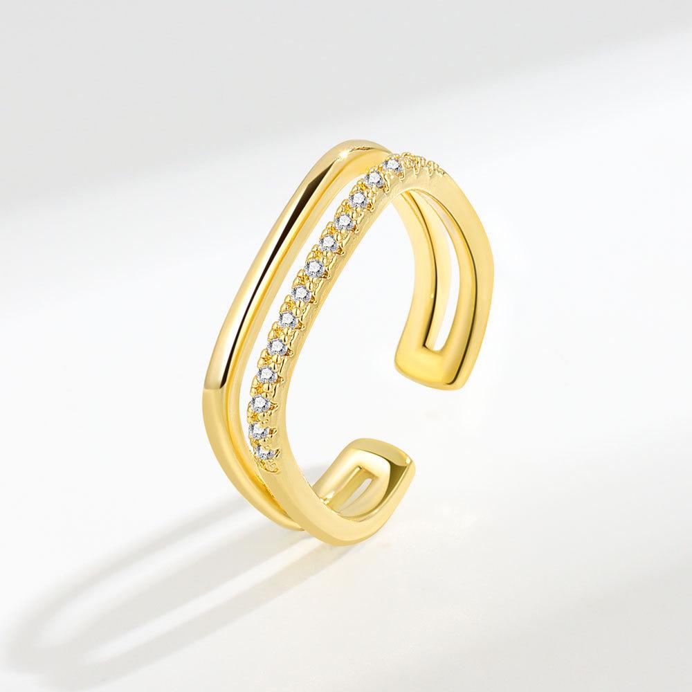 Double Layer Square Open Ring For Women Cubic Zirconia Index Finger Ring Fashion Light Luxury Minimalist Personalized Jewelry Adjustable opening золотой