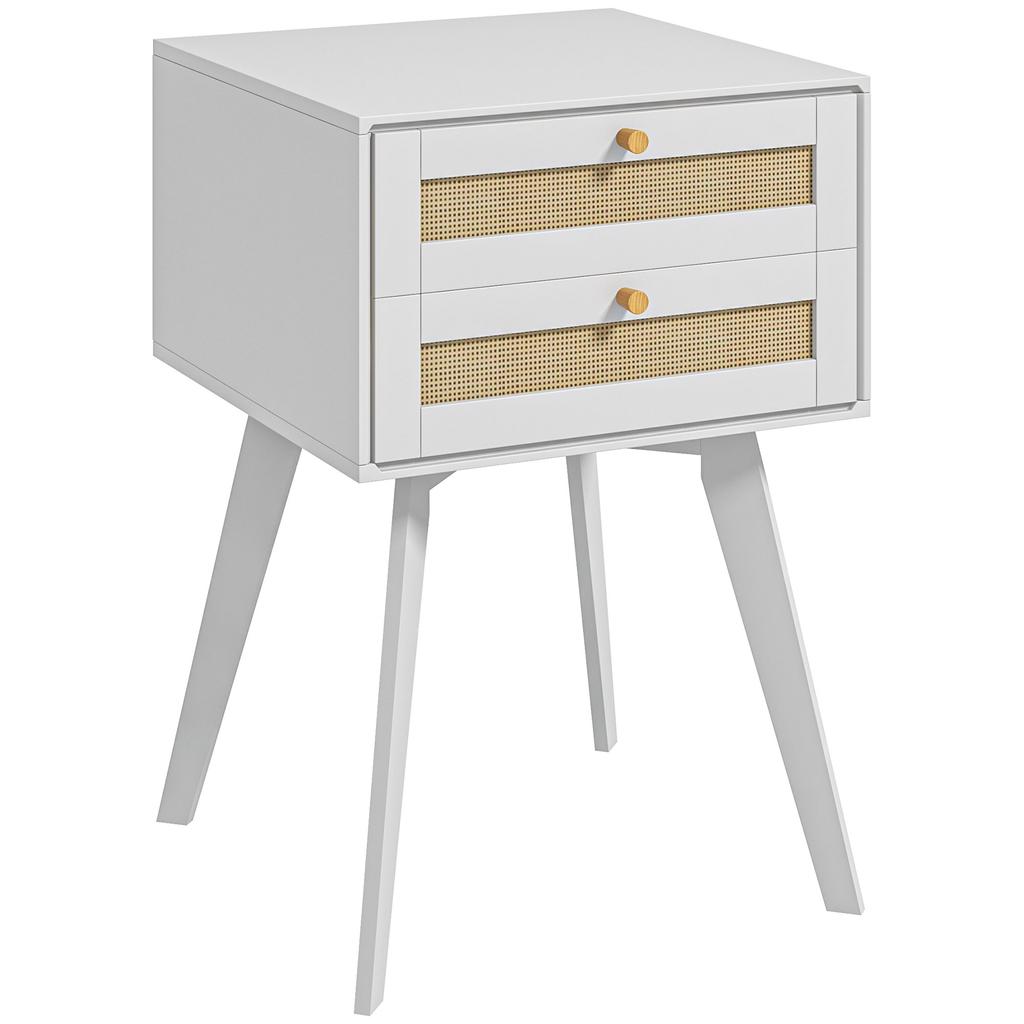 White Bedside Table Nightstand with 2 Drawers Cannage Style Small Side Table 40x40x60 cm