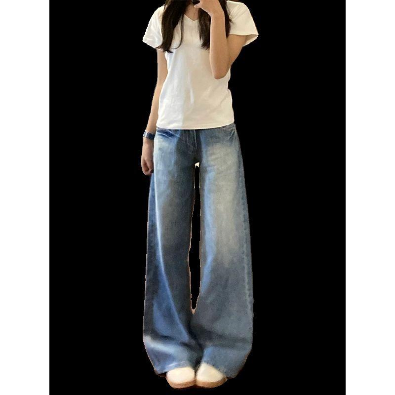 Small Washed Light Color Wide Leg Denim Female Stylish High Waist Loose Slimming and All-Matching Straight-Leg Trousers Summer
