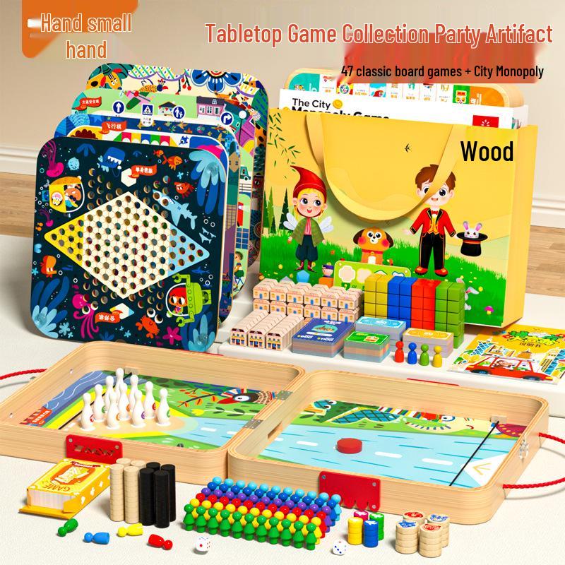 

47-in-1 Multifunctional Wooden Board Game Set for Kids: Checkers, Gomoku, and More