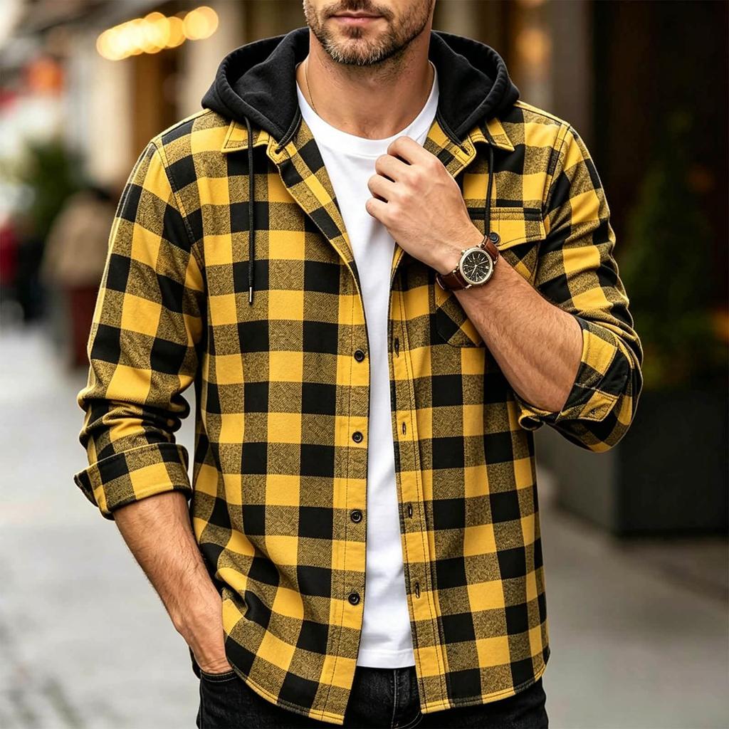 Men's Casual Long Sleeve Plaid Shirt Jacket with Hood and Pockets for Everyday Wear