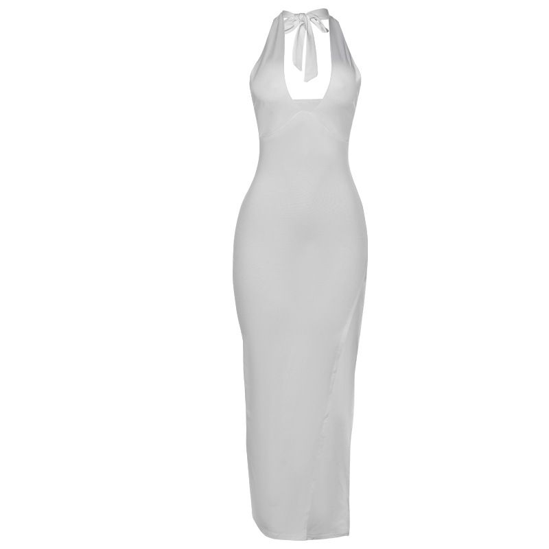 

INS Fashion Style 2024 Summer New Arrival Women s Clothing Fashion Halter Sexy Low Cut Open Back Slim Fit Slit Dress White L