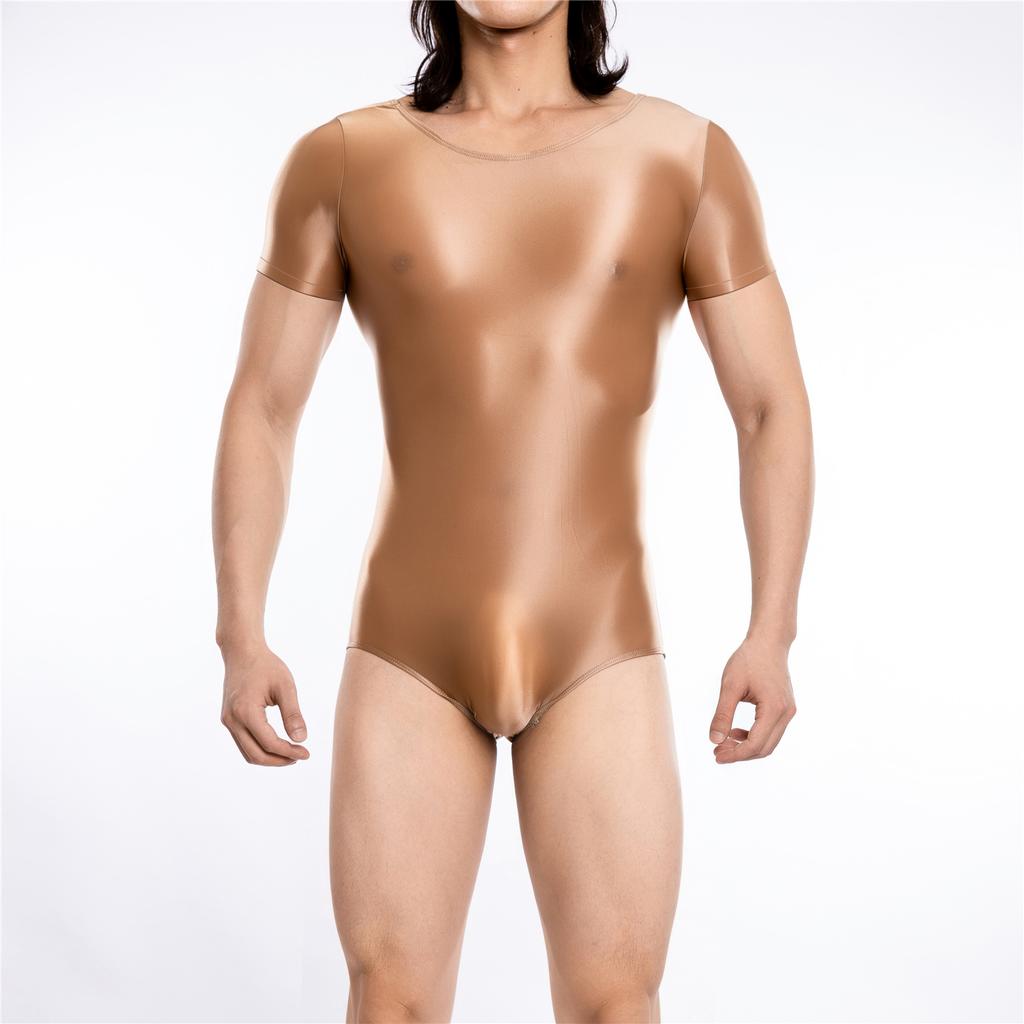 Sexy Men Sheer See Through High Cut Bodysuit Oil Glossy Shiny Maid Tights Stain Yoga Elastic Shaping Leotard Dance Wear