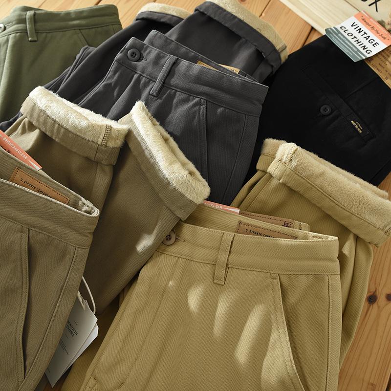 Winter Warm Pants Japanese Style Men's Pants Daily Casual Fleece Pants Straight Gray Pants Simple Thicken Men Trousers