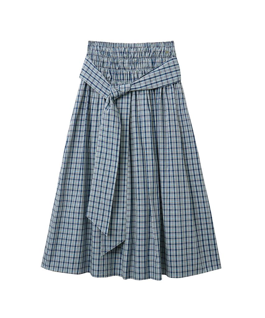 Lense Smocked Shirring Skirt Blue Check