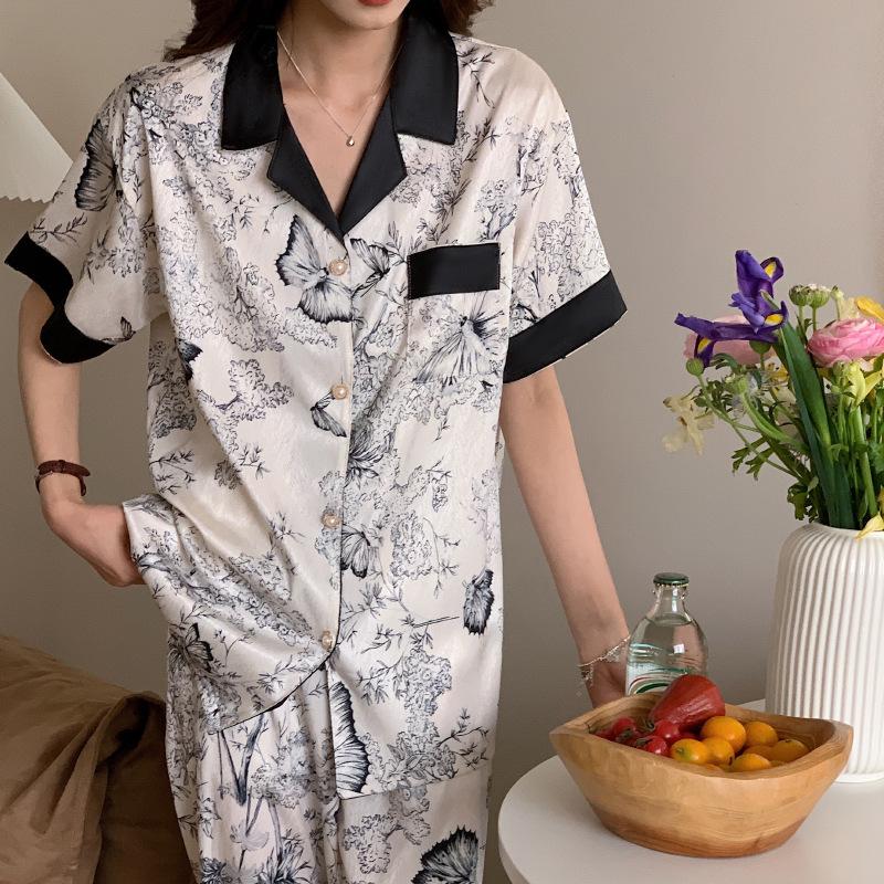Light Luxury Summer Popular Ice Silk Thin Short-Sleeved Trousers Floral High-End Loungewear Set