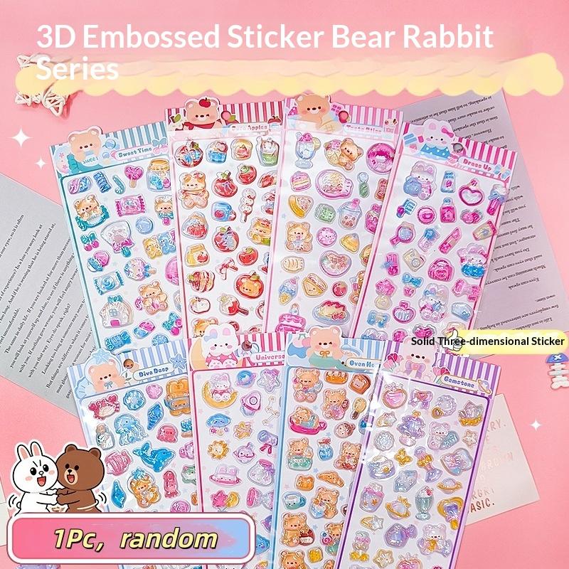 1/4Pcs Cute Fashion Bear Rabbit 3D Relief Stickers Cute Aesthetic Stickers Cartoon Creative Stickers DIY Decoration Stickers
