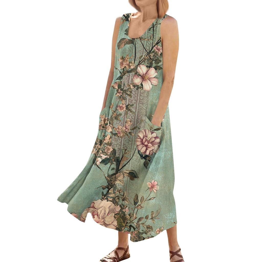Women's Summer Casual Fashion Flower Printed Sleeveless Round Neck Pocket Dress