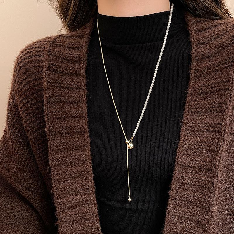 Long Winter-spring Style Adjustable Pearl Ball Sweater Necklace with Delicate Snake Bone Chain