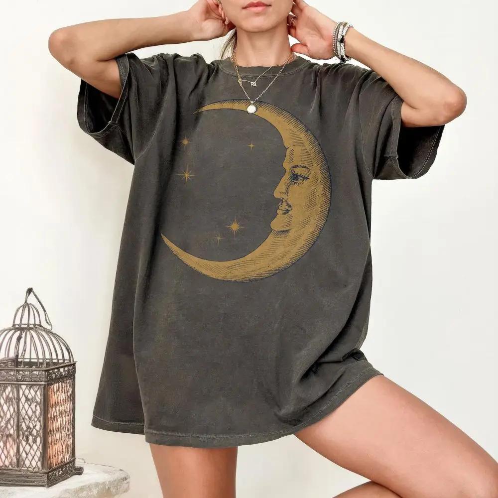 Women Retro Loose Short Sleeve Top Boho Moon Print Shirt Comfort 100 Cotton Crewneck Tshirt Casual Daily Fashion Streetwear
