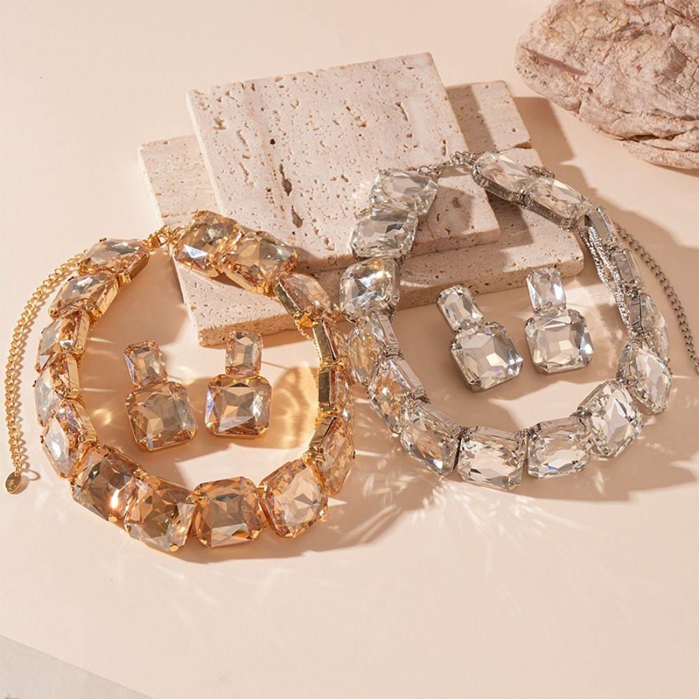 Koreanischer Stil Quadratisches Kristall Schmuckset Kopfkette Funkelndes Halsketten Set Geburtstagsgeschenk