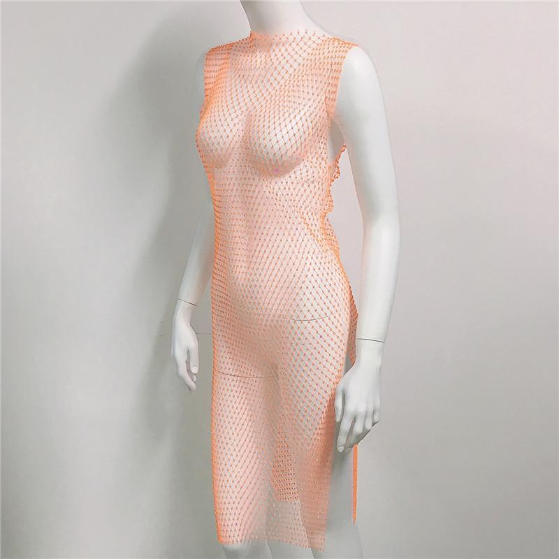Crystal Diamond Beach Dress Women Sexy V Neck Hollow Out Rhinestone Sleeveless Bodycon Dress 2021 Mesh Party Dresses #0729