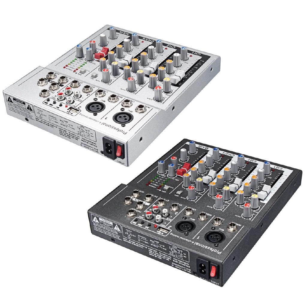 4 Channel Mixer Mini Professional Live Studio Audio Mixer USB Mixing Console DJ Stage KTV black/silver 48V 23.6*19.3cm