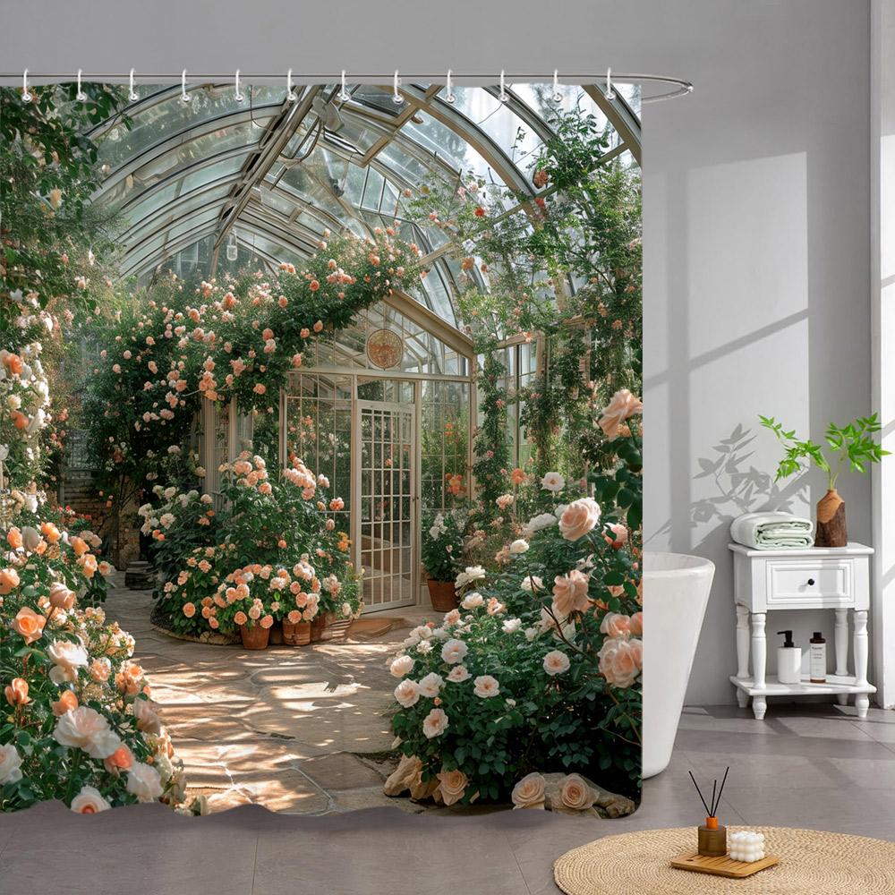 Outdoor Garden Poster Shower Curtain Vintage Window Wall Growing Floral Plants Polyester Fabric Shower Curtains Bathroom Decor