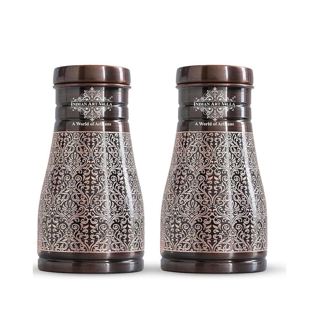 

Pure Copper Water Bottle with Inbuilt Glass, Dark Embossed Design, Bedside Carafe for Drinking and Storing Water, , 900 ML Capacity (Pack of 2)