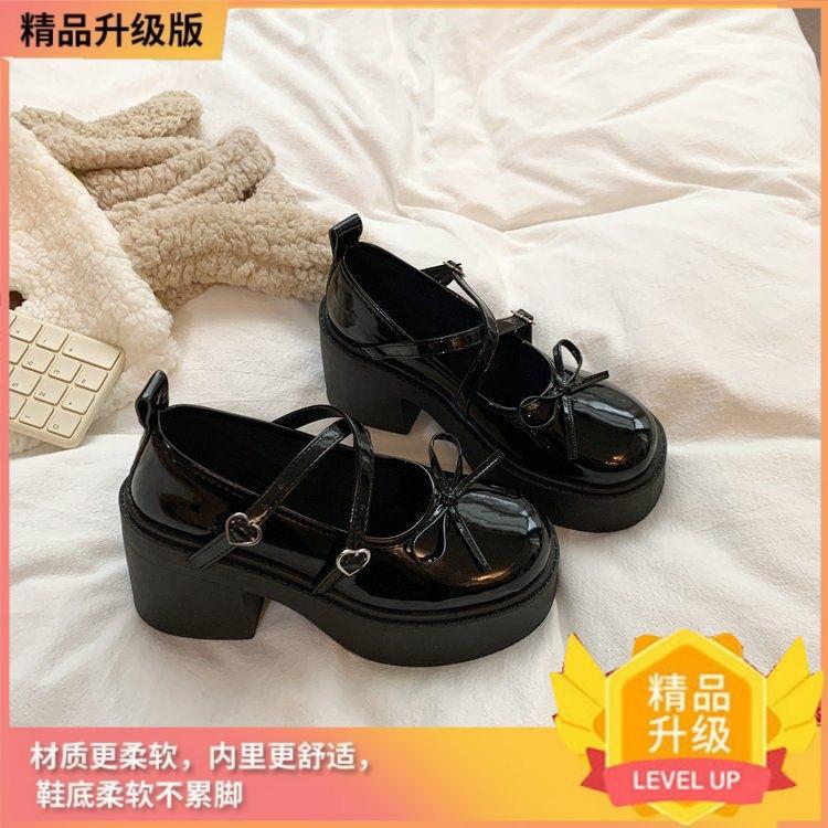 Bow thick high-heeled small leather shoes women's summer new Japanese jk heightening French versatile Mary Jane single shoes