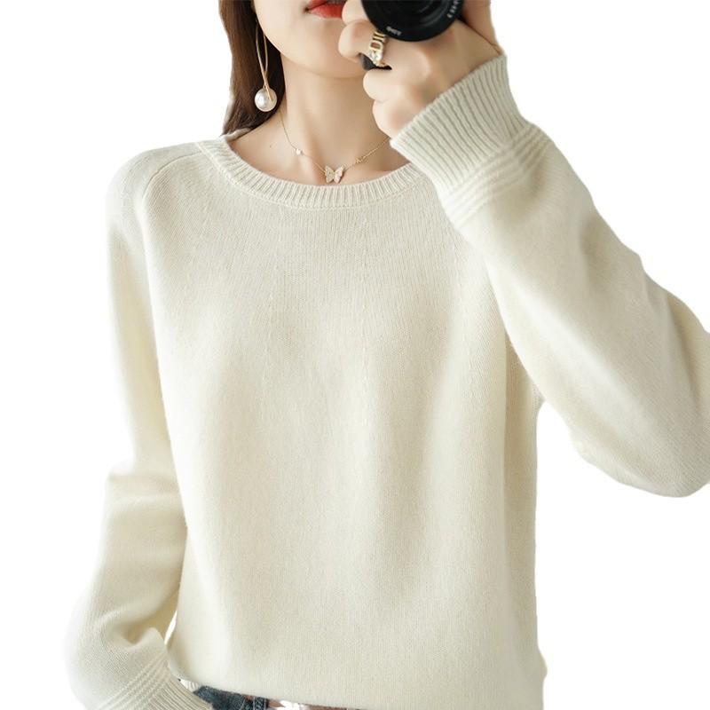 Women's 100% Wool Round Neck Sweater - Autumn/Winter Style, Long Sleeve, Loose Fit, Versatile Short Knit Base Layer