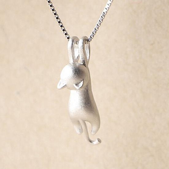 Women Faux Silver Lovely Jumping Cat Pendant Necklace Collar Jewelry