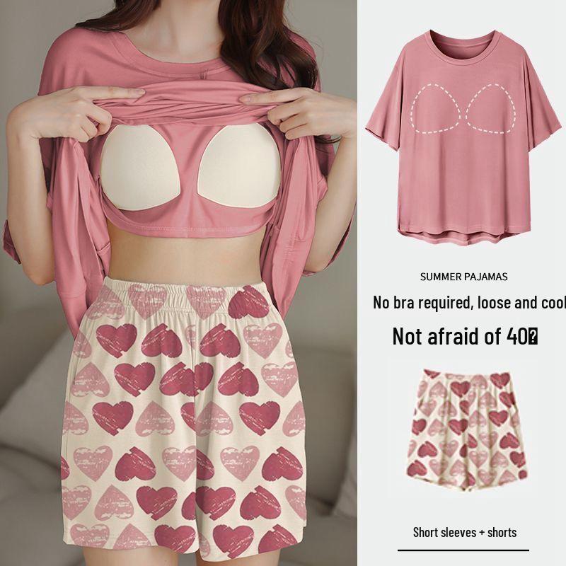 Korean Style Women's Cartoon Pajamas Set with Built-in Bra - Short-Sleeved, Loose, Plus Size, Summer Homewear