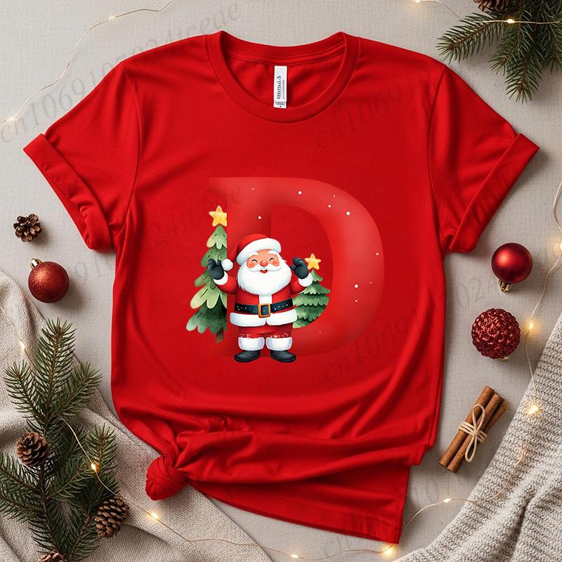 Christmas SantaAlphabet Letter Print T-shirt Short Sleeve Crew Neck Casual Top Kids Festive Holiday Women's Clothing Top