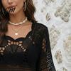 Blusa de Ganchillo Holgada para Mujer, Tops Redondos con Mangas Acampanadas de 3/4, Cubre Ropa Hueca de Manga Tres Cuartos, Tops de Punto con Protección Solar para Verano en la Playa
