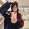Women American Color Block Stripe Embroidery Stand Collar Zip Up Sweatshirt Jacket Spring Autumn Loose Casual Outerwear