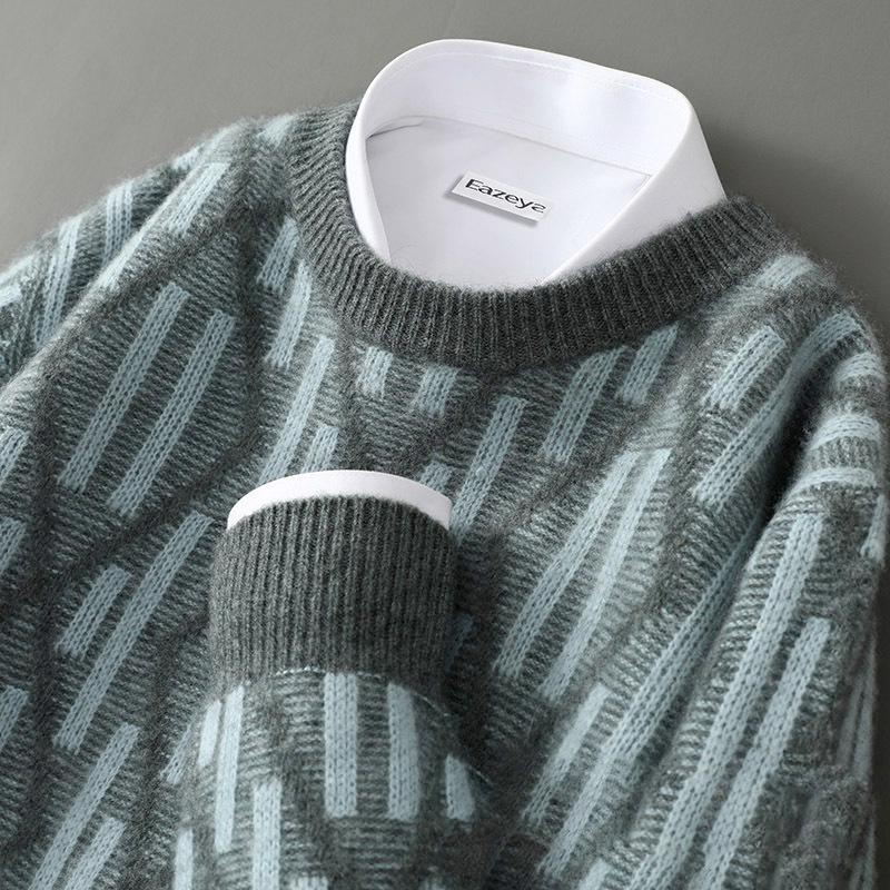 

Men s Loose Business Casual Jacquard Pure Wool Sweater with Contrast Round Neck M