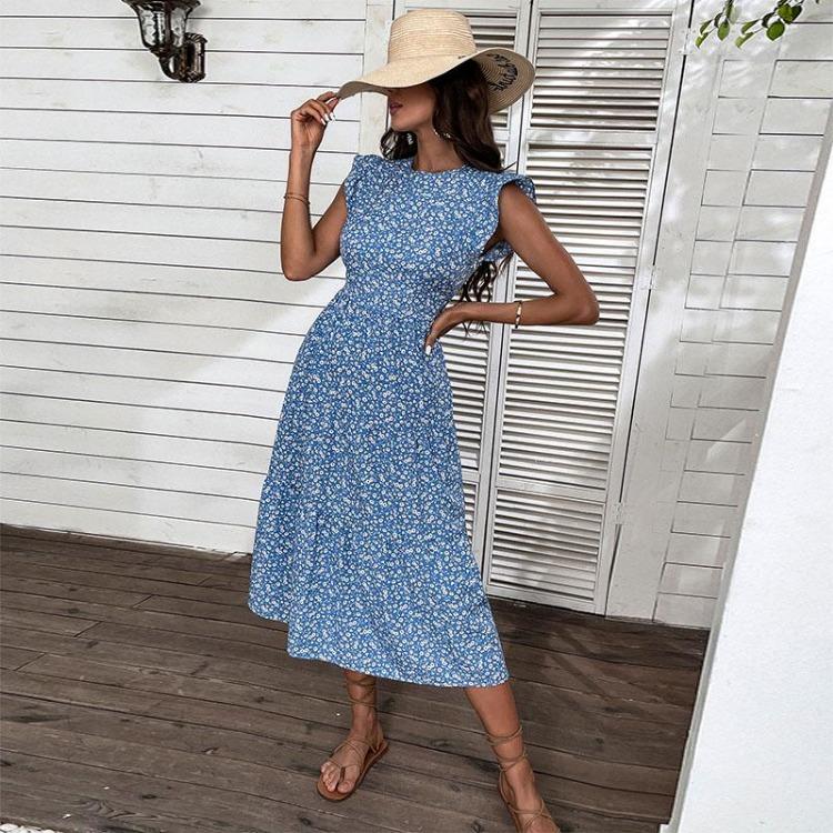 Chic Retro Women Sleeveless Floral Summer Dress High Waist A Line Midi Long Blue O Neck