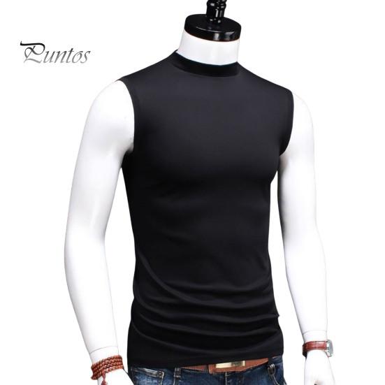 

Мужские топы-майки с высоким воротником без рукавов, облегающие эластичные топы, однотонные, с широкими бретелями, футболка из ледяного шелка M чёрный