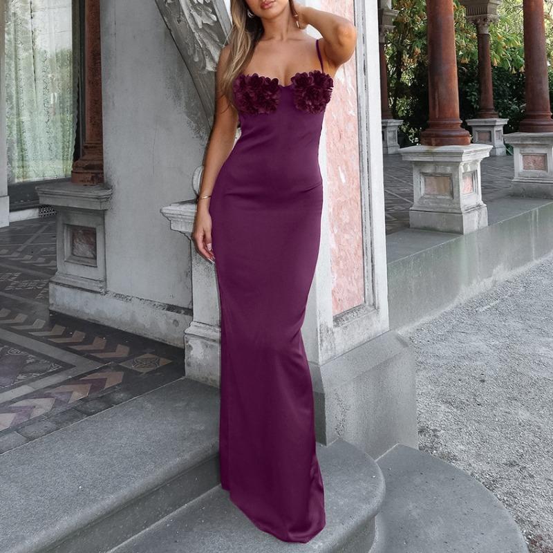 

Summer French Gentle Style Purple Rose Temperament Sexy Backless Niche Design Suspender Dress for Women S фиолетовый