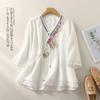 Summer new ethnic embroidered cotton and linen medium-sleeved top loose diagonal placket button-up shirt retro zen tea clothes