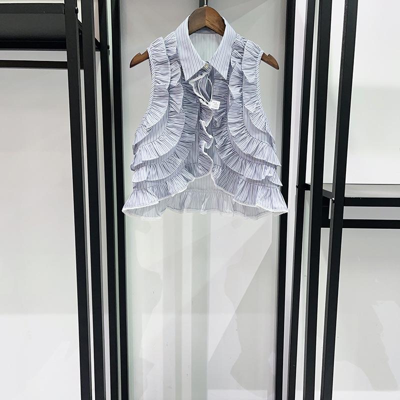 French Niche Spring/Summer 2026 Blue & White Striped Ruffled Sleeveless Top and Cake Skirt Set