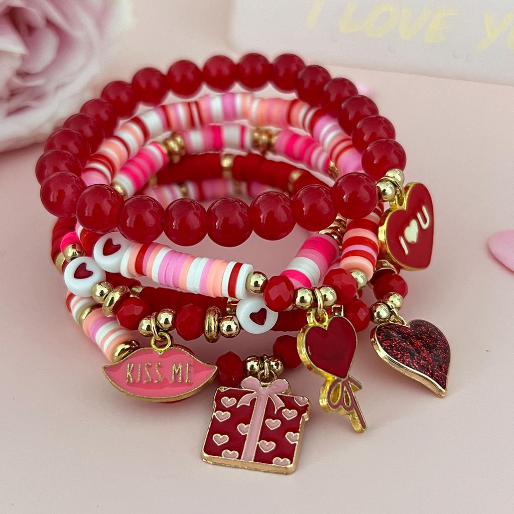 Ingemark 5Pcs/Set Christmas Sweet Romantic Red Heart Pendant Bracelets for Women CCB Elastic Chain Bangle New Year Party Jewelry