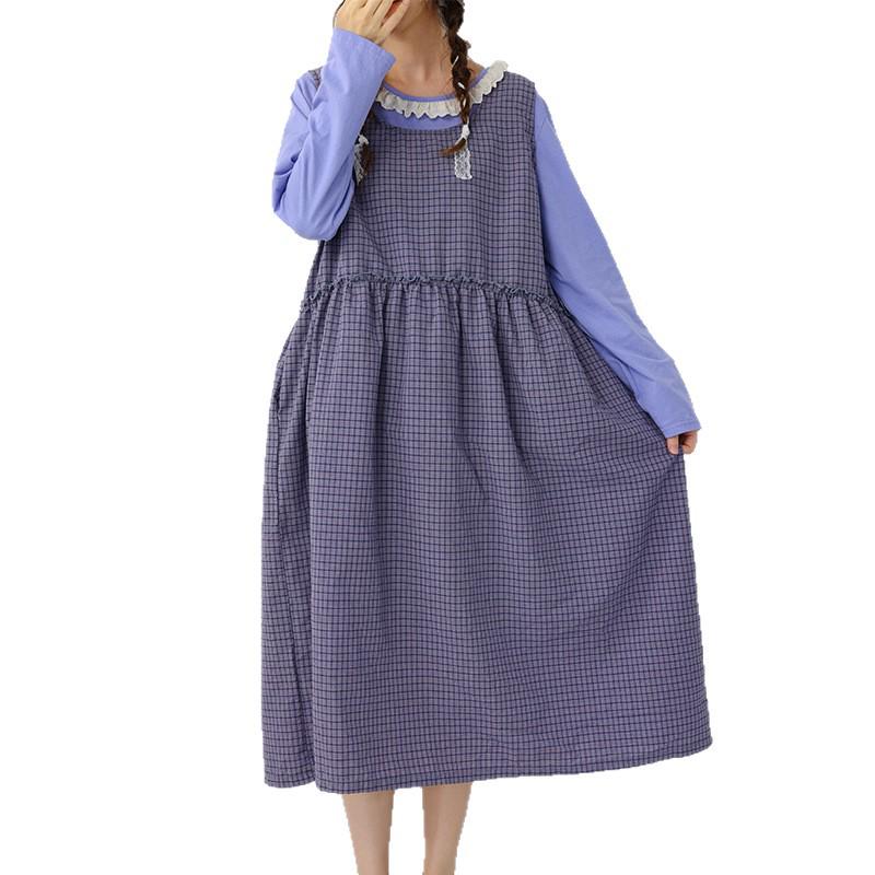 2026 Spring Artistic Sleeveless Layered Long Vest Dress - Fresh Japanese Plaid Design