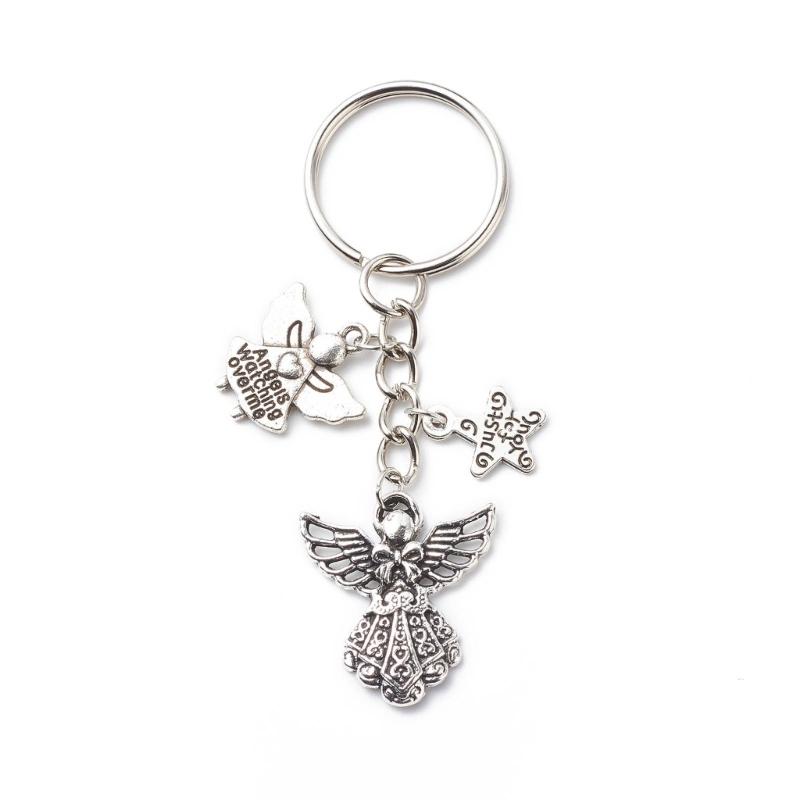Stylish Guardian Angel Keychain Silver Metal Pendant Keyring Good Luck Charm Key Chain Cellphone Strap for Drivers