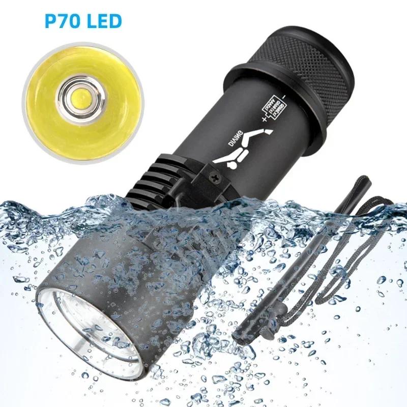Powerful XHP70 Diving LED Flashlight Yellow/White Light Professional Diving Torch Powered By 26650 Battery with Hand Rope