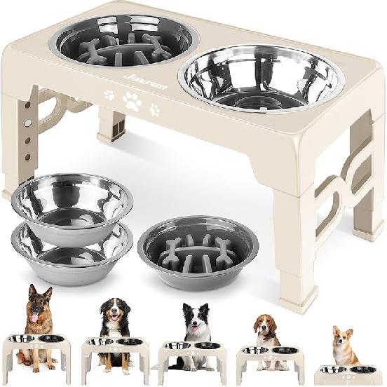 Elevated Dog Bowls, Dog Feeder with 2 Stainless Steel Dishes &1 Slow Feeder Bowl, 5 Heights Adjustable Raised Stand for Medium Large, Food Dishes