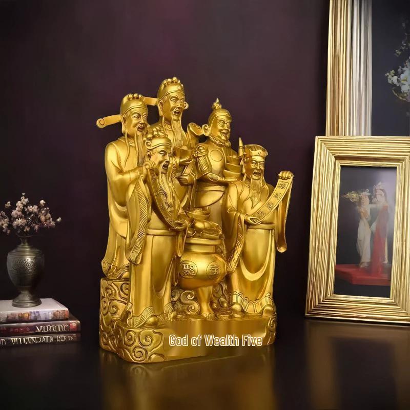 Large Bronze Five Gods of Wealth Figurine for Home or Office Worship