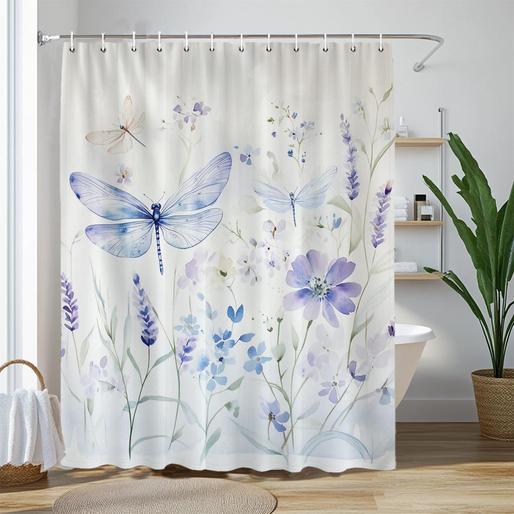 Blue Watercolor Floral Butterfly Shower Curtain, Bathroom Decorative Shower Curtain, Waterproof Shower Curtain with Hooks