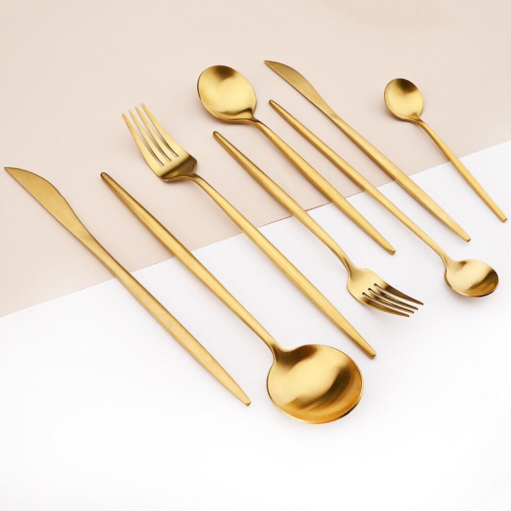 304 paslanmaz çelik yemek takımı seti altın mat parlatma çatal bıçak kaşık seti salata çatalı kaşık çay kaşığı tatlı çatal sofra