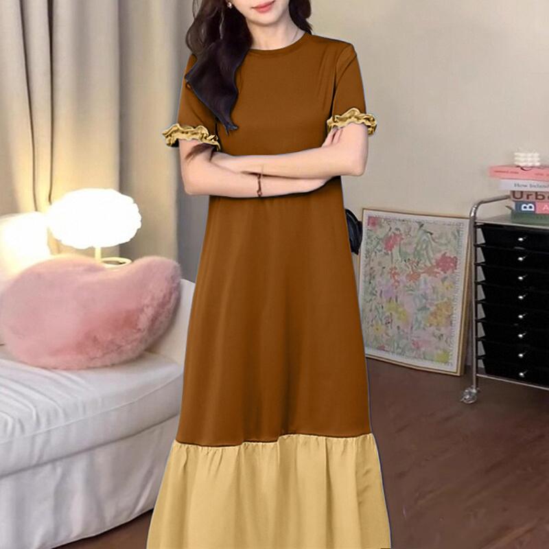 ZANZEA Women Casual Round Neck Summer Short Sleeve Splice Long Dress