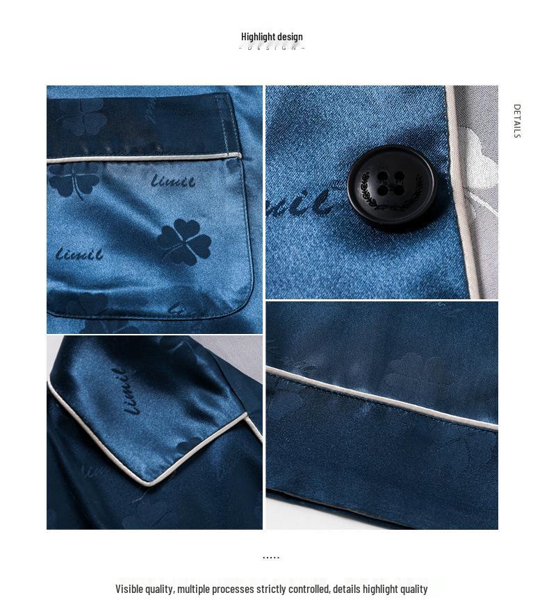 Herren Frühling/Sommer Seidenpyjama: Langarm & Hose, Dünnes Karomuster, Imitationsseide, Mittelalterliche Hausbekleidung