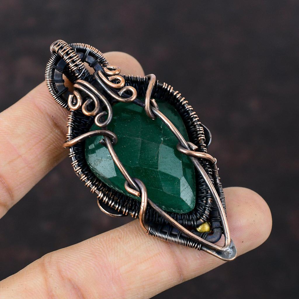 Faceted Zambian Emerald Pendant Copper Wire Wrapped Pendant Handmade Jewelry High Quality Gemstone Pendant Copper Wire Jewelry Gift For Him